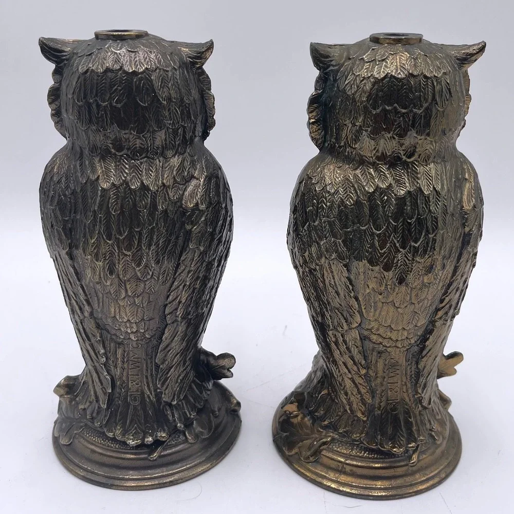 Pair Vintage Metal Owl Lamp‎ Base L&L WMC Loevsky & Loevsky Stamped Makers Mark